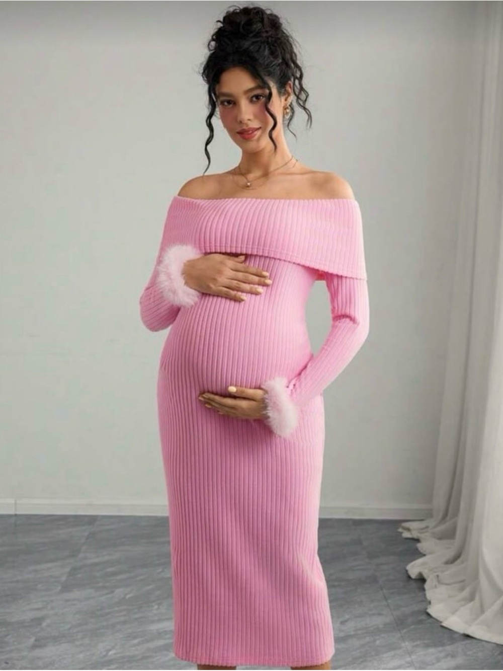 Off-Shoulder Pink Maternity Knit Dress with Faux-Fur Cuffs